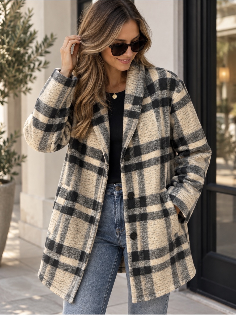 SUNDAYS Plaid Owen Coat Cream Black Button Front Fall Blazer Jacket NWT S